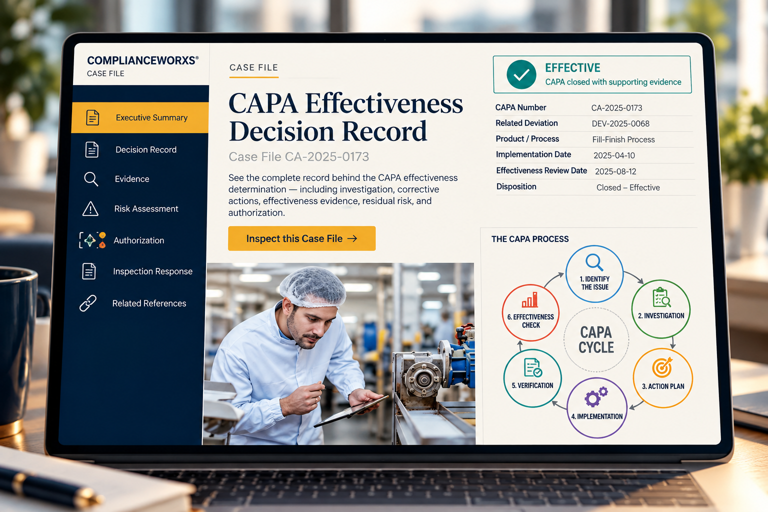 Preview of the CAPA Effectiveness Case File: executive summary, decision record, evidence, risk assessment and authorization