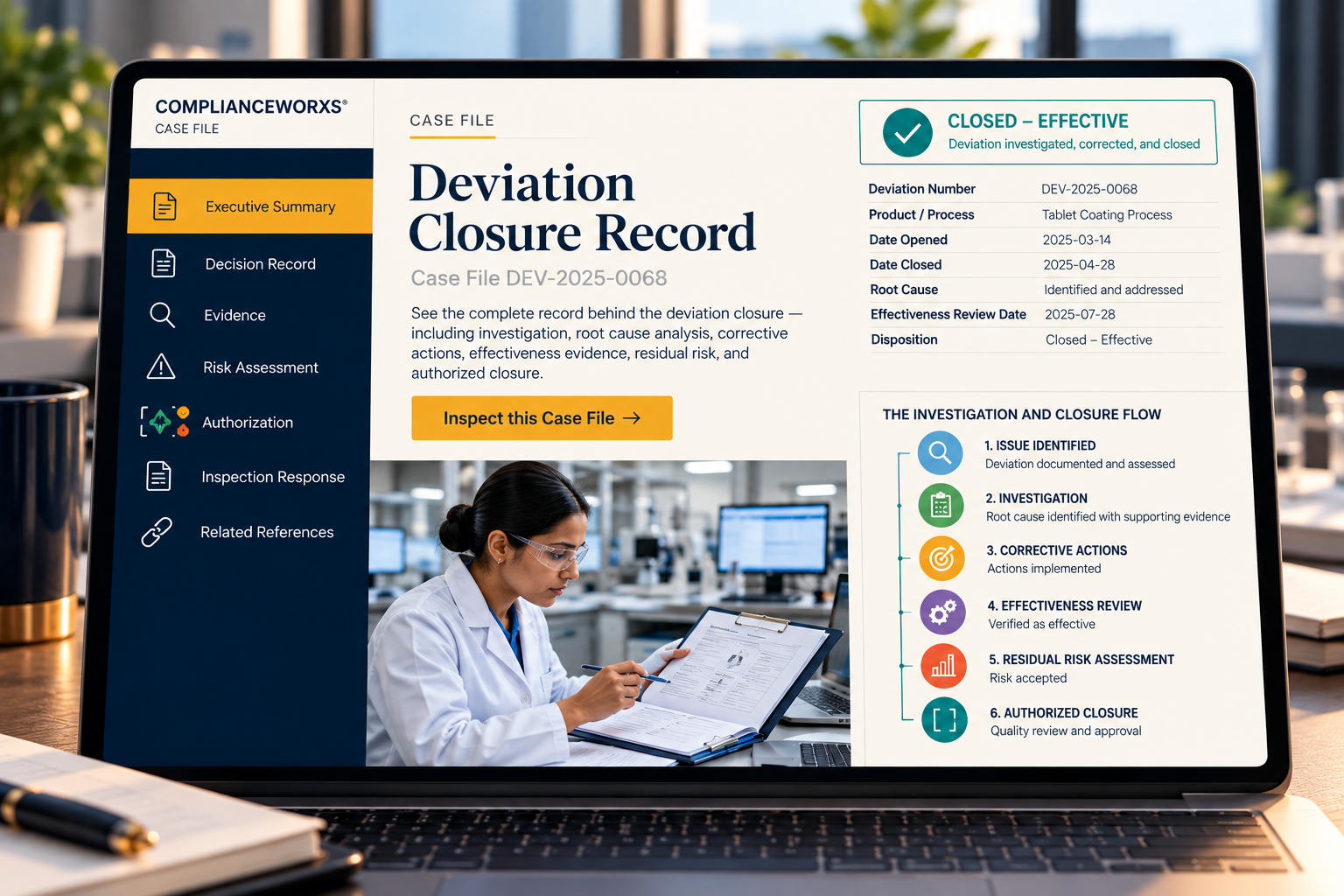 Deviation Closure Record shown on a laptop