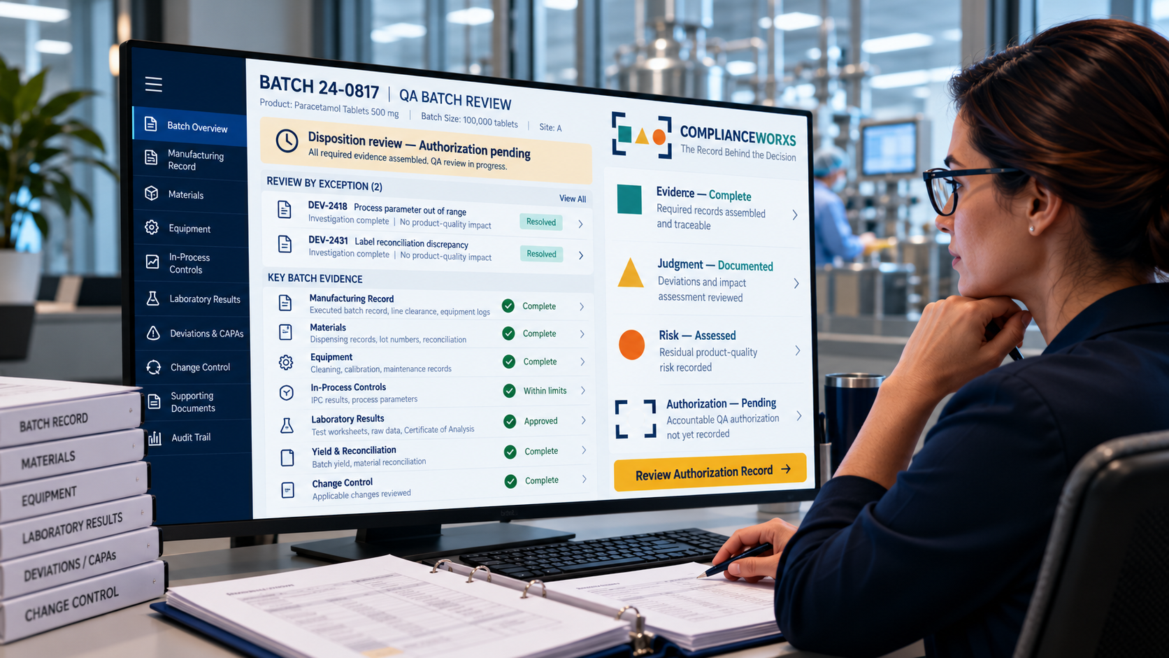 QA batch review screen: evidence, judgment and risk complete, authorization pending.