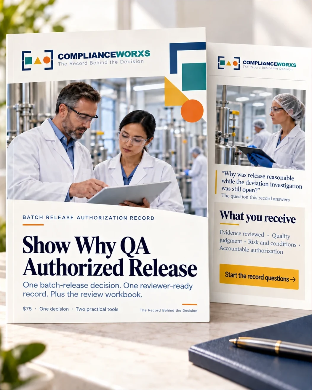 Batch Release Authorization Record: Show Why QA Authorized Release. One reviewer-ready record plus the review workbook for $75. The back panel asks: Why was release reasonable while the deviation investigation was still open? It lists evidence reviewed, quality judgment, risk and conditions, and accountable authorization.