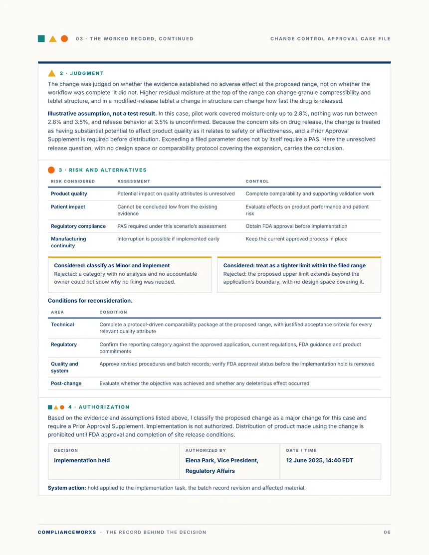 Page of the Case File showing the judgment, the risk and alternatives table, the conditions for reconsideration and the authorization statement