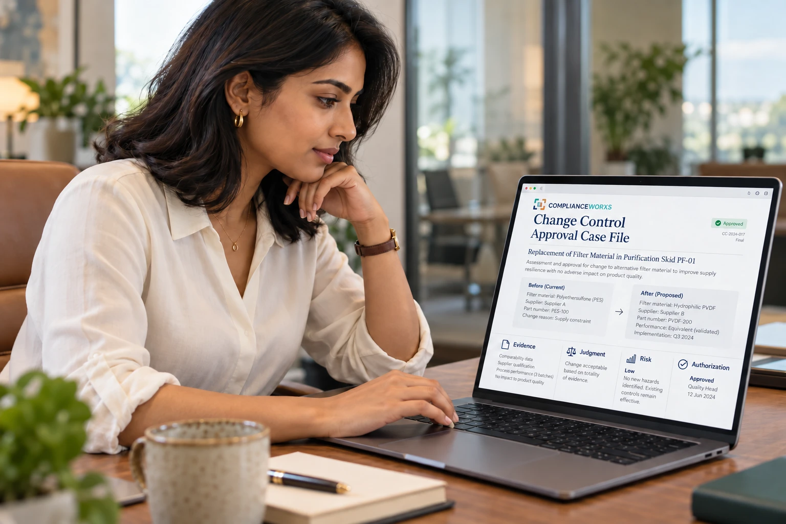 A quality leader reviewing the Change Control Approval Case File on a laptop.