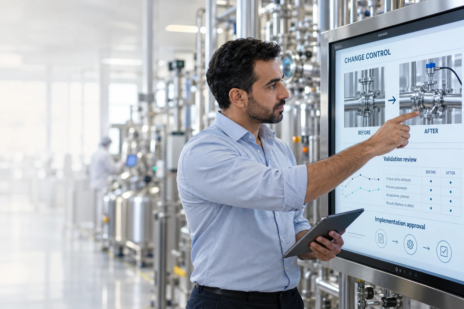 A quality leader points to a change control review screen showing before and after process equipment, a validation review table, and the implementation approval steps.