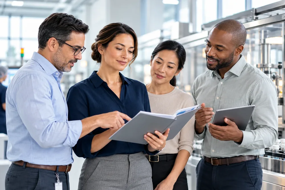 Four quality and regulatory colleagues reviewing a printed Case File together on a manufacturing floor