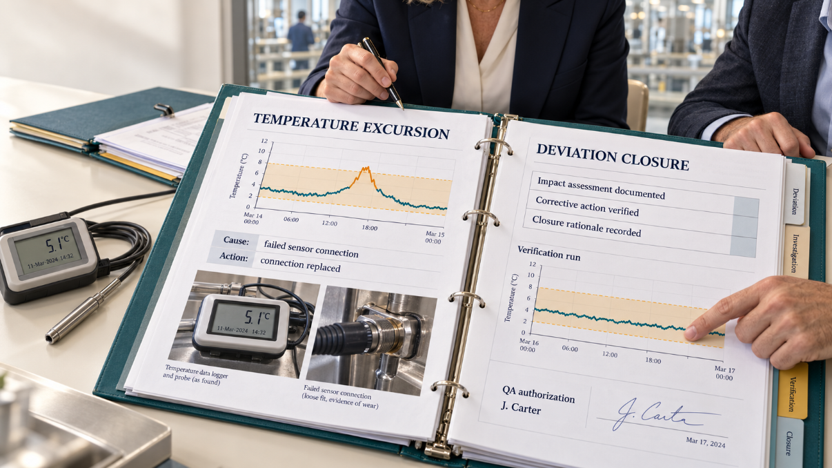 Open binder: a temperature excursion investigation on the left page, and the deviation closure, verification run, and QA authorization on the right.