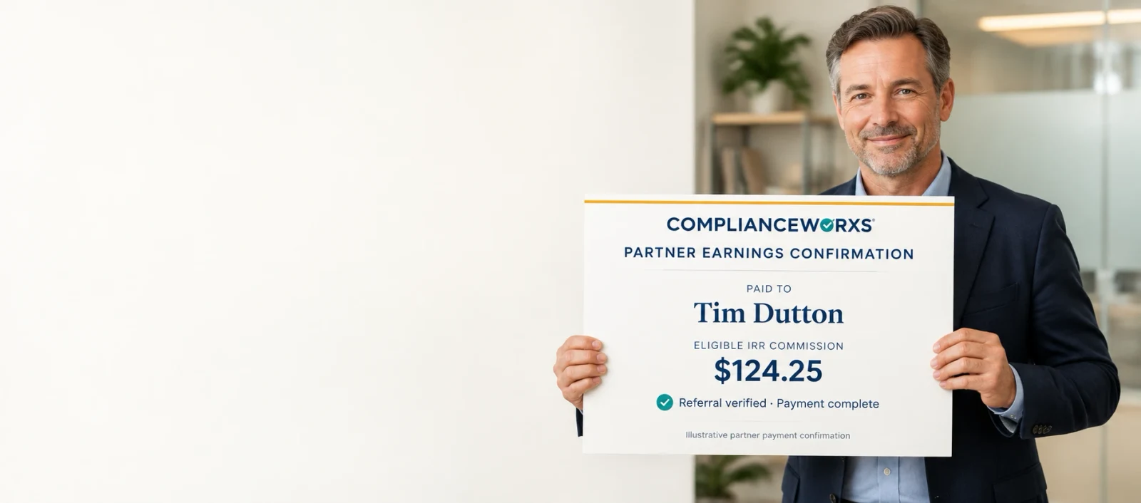 Illustrative partner earnings confirmation showing a $124.25 eligible IRR commission, referral verified, payment complete