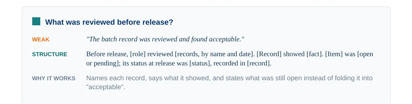 Batch Release Decision Check: A weak answer, and its structure